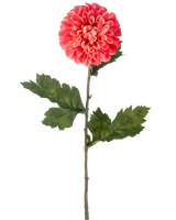 Den konstgjorda blomman Dahlia 75 cm röd är en enda konstgjord röd dahliablomma med skiktade kronblad och flera gröna blad på en lång grön stjälk, isolerad på en vit bakgrund.