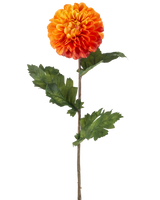 Den konstgjorda blomma Dahlia 75 cm orange har en enda orange dahlia med skiktade kronblad, gröna blad och en lång brun stjälk, mot en vanlig vit bakgrund.