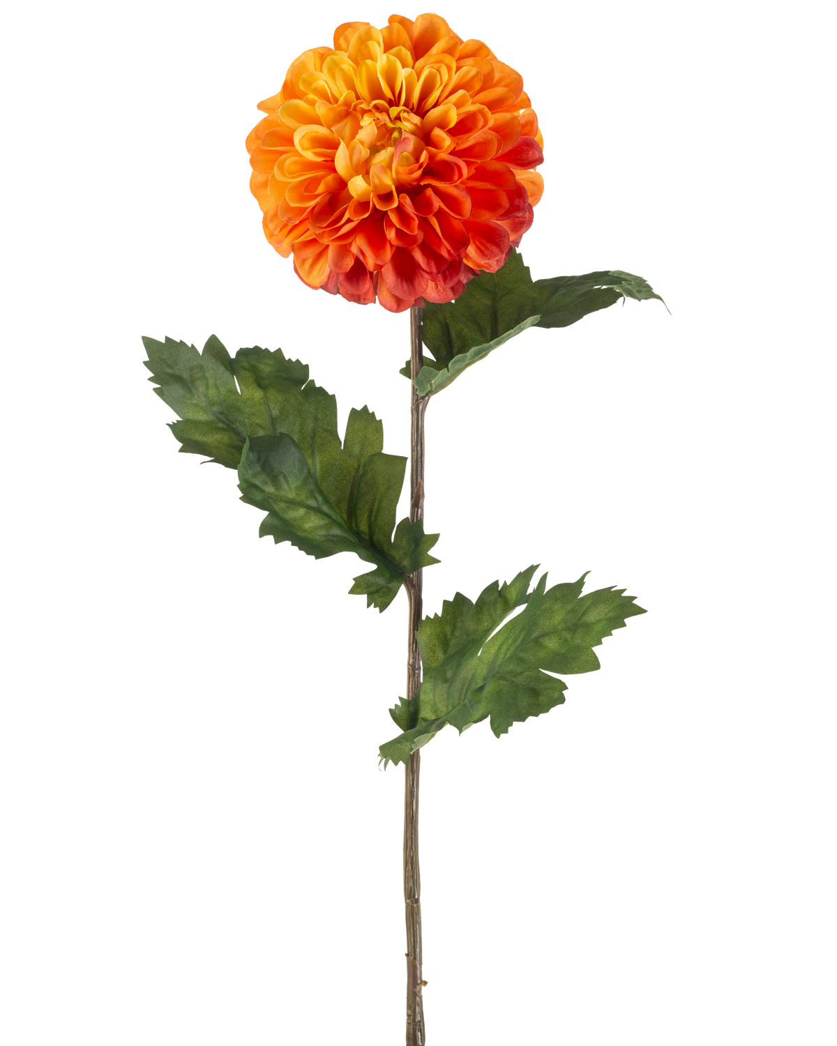 Den konstgjorda blomma Dahlia 75 cm orange har en enda orange dahlia med skiktade kronblad, gröna blad och en lång brun stjälk, mot en vanlig vit bakgrund.