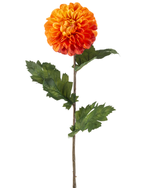 Den konstgjorda blomma Dahlia 75 cm orange har en enda orange dahlia med skiktade kronblad, gröna blad och en lång brun stjälk, mot en vanlig vit bakgrund.