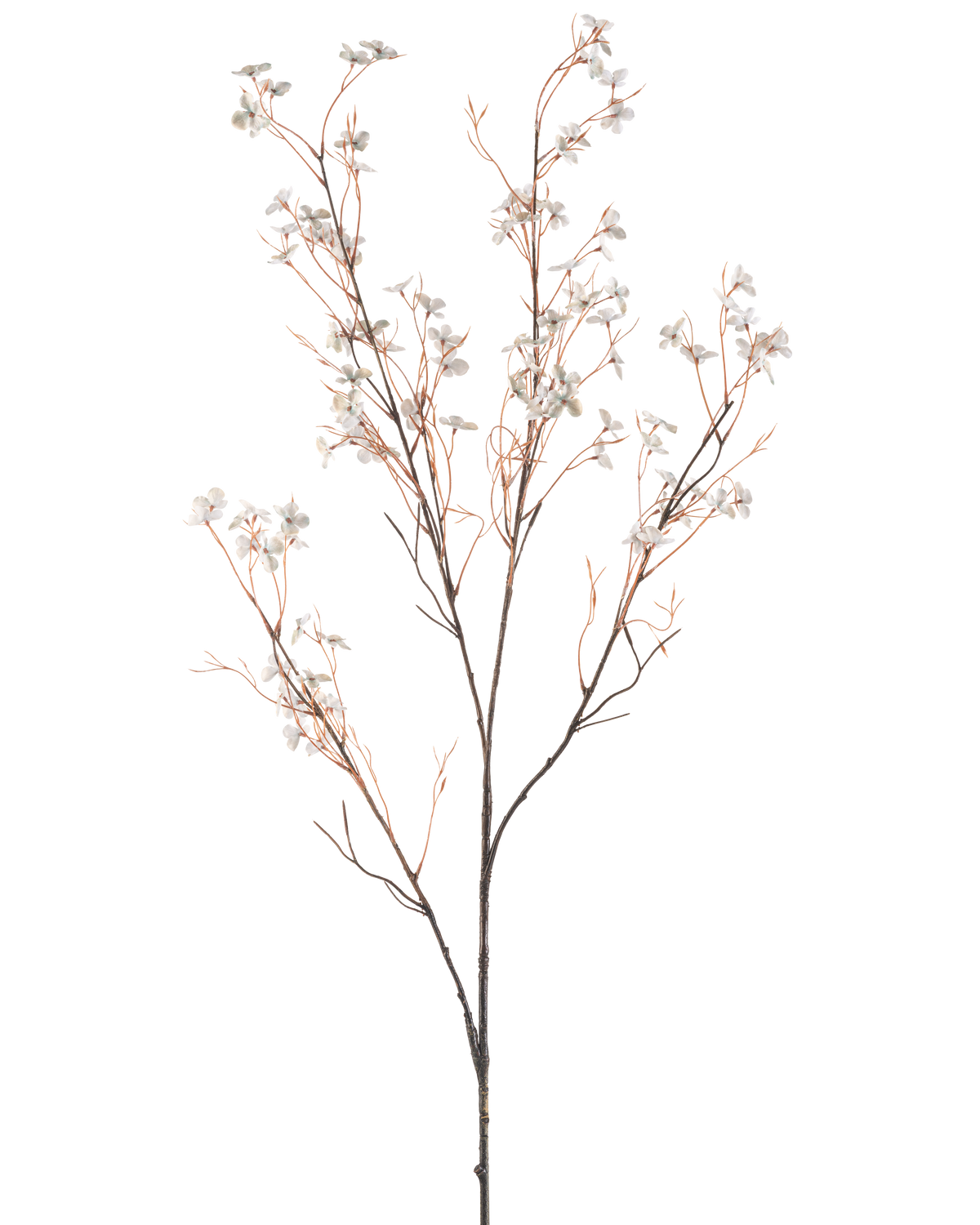 En konstgjord blomma Blommor 130 cm ljusblå har ömtåliga konstgjorda grenar med tunna bruna stjälkar och små ljusblå blommor mot en vanlig vit bakgrund.