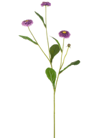Ett sommargaller för konstgjorda blommor på 57 cm med en enda grön stjälk, tre lila prästkrageliknande blommor med ett gult hjärta och ett antal gröna blad, avbildade mot en vanlig vit bakgrund.