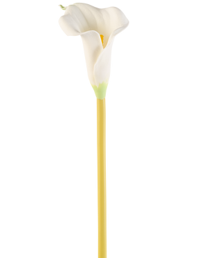 Den konstgjorda blomman Calla 64 cm kräm är en enda konstgjord vit calla lilja med en lång gul stjälk, mot en vanlig vit bakgrund.