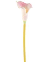 Den konstgjorda blomman Calla 64 cm rouge, en enda rosa och vit calla lilja med en gul stjälk, visas mot en vanlig vit bakgrund.