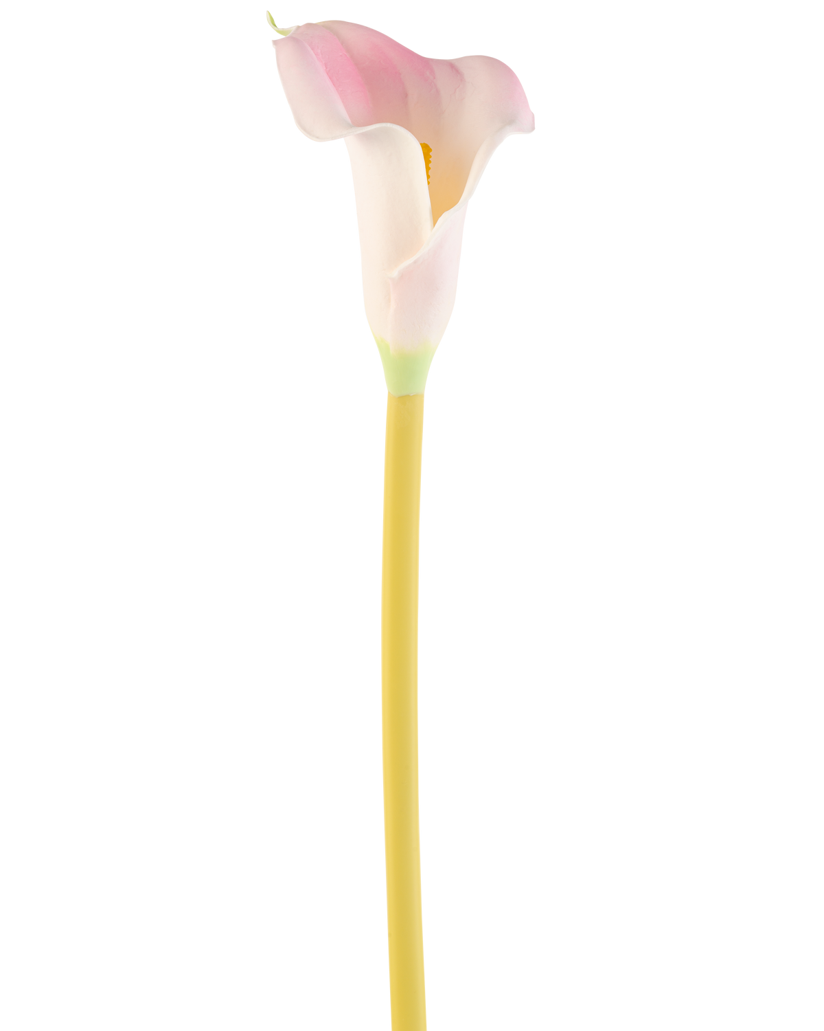 Den konstgjorda blomman Calla 64 cm rouge, en enda rosa och vit calla lilja med en gul stjälk, visas mot en vanlig vit bakgrund.
