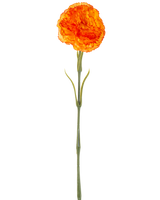 Den konstgjorda blomma nejlikan 57 cm orange är en konstgjord orange nejlika med volanger i kronbladen och en lång grön stjälk, isolerad på en vit bakgrund.