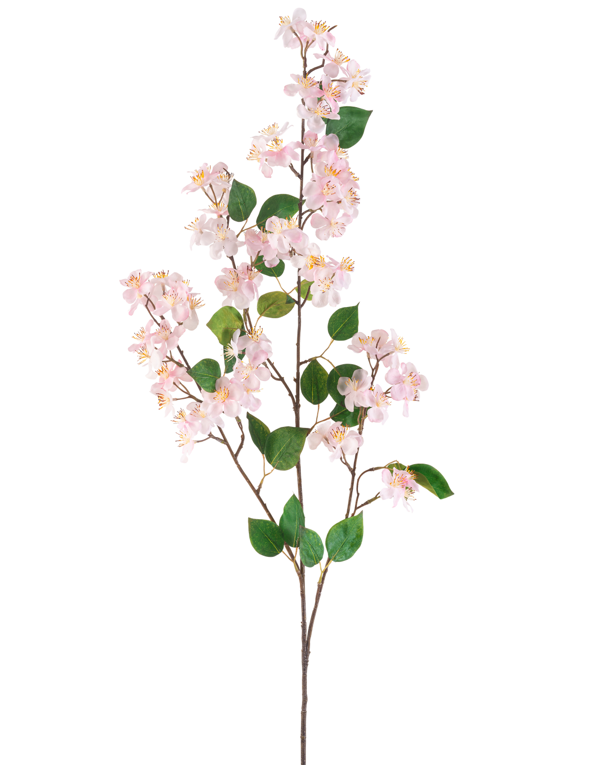 Den konstgjorda blomman Persikablomman 140 cm rosa är en konstgjord gren med ljusrosa persikoblommor och gröna blad på smala bruna stjälkar, avbildad isolerad mot en vit bakgrund.