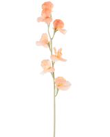 En enda konstgjord blomärta 64 cm persika har en ljus persikofärgad konstgjord ärta med volanger i kronbladen och en grön stjälk, isolerad på vitt.