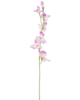 En enda lång konstgjord ärtblomma 64 cm lila stjälk med fina lila blommor anordnade vertikalt, mot en vanlig vit bakgrund.
