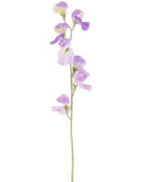 En enda konstgjord blomärta 64 cm lila med känsliga ljuslila kronblad och gröna blad, isolerad på en vit bakgrund.