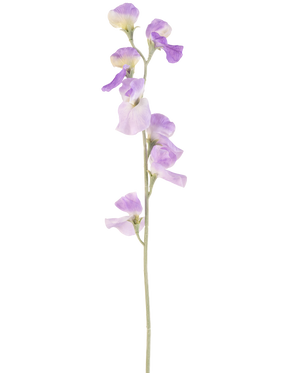 En enda konstgjord blomärta 64 cm lila med känsliga ljuslila kronblad och gröna blad, isolerad på en vit bakgrund.