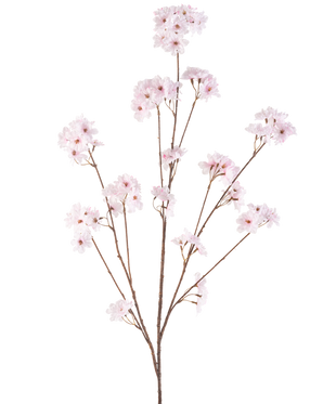 Konstgjorda blommor körsbärsblommor 130 cm ljusrosa har flera tunna stjälkar med klasar av känsliga ljusrosa körsbärsblommor, vackert arrangerade och isolerade på en vit bakgrund.