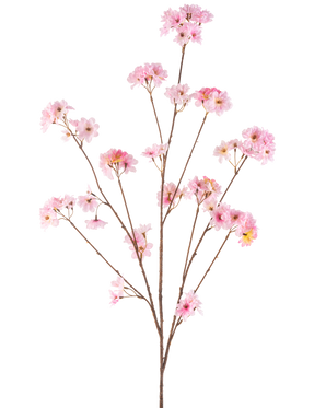 Den konstgjorda blommor körsbärsblommor 130 cm rosa har en enda brun stjälk som förgrenar sig till klasar av känsliga rosa körsbärsblommor, vackra mot en vanlig vit bakgrund.