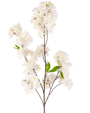 En konstgjord körsbärsblomma 119 cm kräm med kluster av fina vita blommor och några ljusgröna blad på smala bruna stjälkar, isolerade på en vit bakgrund.