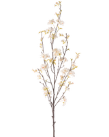 Krämen Artificiell Blomma Cherry Blossom 150 cm har en hög gren med flera tunna stjälkar, små vita körsbärsblommor och spridda gröna blad, allt mot en vanlig vit bakgrund.