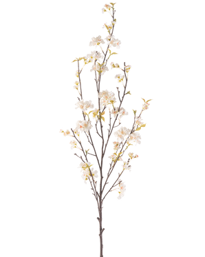 Krämen Artificiell Blomma Cherry Blossom 150 cm har en hög gren med flera tunna stjälkar, små vita körsbärsblommor och spridda gröna blad, allt mot en vanlig vit bakgrund.