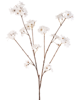 Krämen Artificial Flower Cherry Blossom 114 cm har en brun stjälk som förgrenar sig till mindre stjälkar, var och en dekorerad med delikata konstgjorda blommor i en krämig vit nyans, mot en vanlig vit bakgrund.