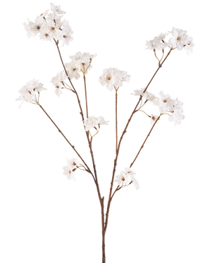 Krämen Artificial Flower Cherry Blossom 114 cm har en brun stjälk som förgrenar sig till mindre stjälkar, var och en dekorerad med delikata konstgjorda blommor i en krämig vit nyans, mot en vanlig vit bakgrund.