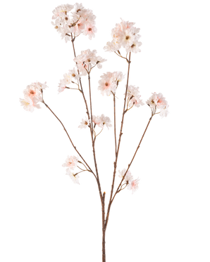Körsbärsblomman med konstgjorda blommor 114 cm har en enda brun stjälk med flera grenar toppad med ömtåliga, rodnande rosa körsbärsblommor, vackert isolerade på en vit bakgrund.