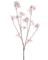 Konstgjorda blommor körsbärsblommor 114 cm ljusrosa har en enda brun gren med flera tunna stjälkar, var och en dekorerad med klasar av fina, ljusrosa körsbärsblommor, mot en vanlig vit bakgrund.