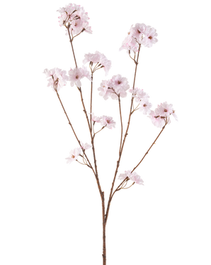 Konstgjorda blommor körsbärsblommor 114 cm ljusrosa har en enda brun gren med flera tunna stjälkar, var och en dekorerad med klasar av fina, ljusrosa körsbärsblommor, mot en vanlig vit bakgrund.
