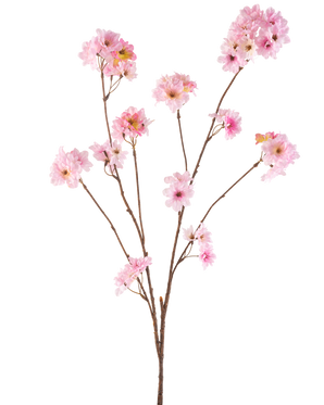 Den konstgjorda Körsbärsblomman 114 cm rosa har flera smala bruna stjälkar med klasar av mjukt rosa körsbärsblommor mot en vanlig vit bakgrund.
