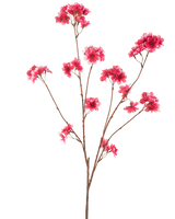 Den konstgjorda blommor körsbärsblommor 114 cm fuchsia visar en enda brun gren med flera stjälkar, var och en med klasar av levande fuchsia konstgjorda julblommor mot en vanlig vit bakgrund.