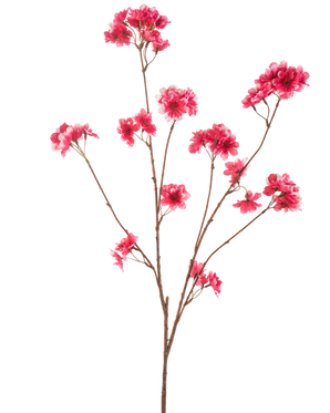 Den konstgjorda blommor körsbärsblommor 114 cm fuchsia visar en enda brun gren med flera stjälkar, var och en med klasar av levande fuchsia konstgjorda julblommor mot en vanlig vit bakgrund.