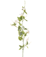 Den konstgjorda blombindan 122 cm vit har en enda stjälk med små vita blommor, gröna blad och krullade rankor mot en vanlig vit bakgrund.