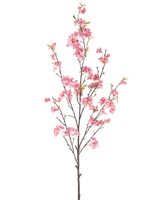 Den konstgjorda Körsbärsblomman 150 cm rosa har en enda brun gren med flera tunna stjälkar, dekorerad med klasar av känsliga rosa körsbärsblommor och några gröna blad, isolerade på en vit bakgrund.