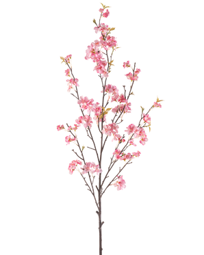 Den konstgjorda Körsbärsblomman 150 cm rosa har en enda brun gren med flera tunna stjälkar, dekorerad med klasar av känsliga rosa körsbärsblommor och några gröna blad, isolerade på en vit bakgrund.