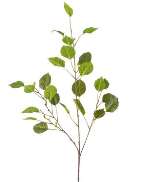 Den konstgjorda grenen 118 cm grön är en enda tunn gren med flera gröna blad och små knoppar, isolerad på en vit bakgrund.
