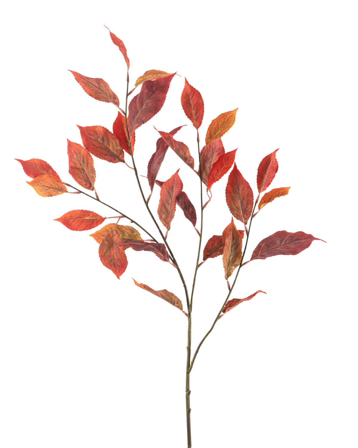 Det konstgjorda almbladet 113 cm rött har flera tunna stjälkar med livfulla röda och orange höstlöv, isolerade på en vit bakgrund.