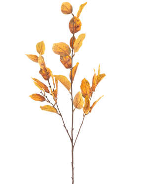 Den konstgjorda blomman citronblad 107 cm gul har en enda brun gren med klasar av gula höstlöv, isolerade på en vit bakgrund.
