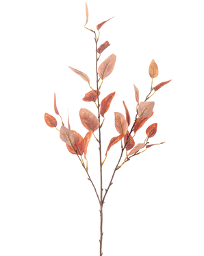 En enda konstgjord eukalyptusblomma 104 cm med flera tunna stjälkar och ovala röda höstlöv, mot en vanlig vit bakgrund.