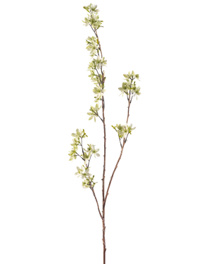 De konstgjorda blommorna 102 cm gröna har en enda hög stjälk med flera tunna skott, dekorerade med klasar av små vita och ljusgröna blommor, mot en vanlig vit bakgrund.