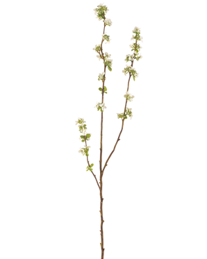 Artificiell grenfrölåda 104 cm kräm har en enda brun gren med små gröna blad och klasar av små vita blommor mot en vanlig vit bakgrund.