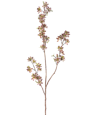 De konstgjorda blommorna 102 cm lila/gröna har en enda brun stjälk med flera grenar, var och en dekorerad med små prickiga lila och gröna blad, mot en vanlig vit bakgrund.