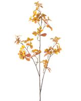 Den konstgjorda grenen Enkianthus 112 cm gul är en enda konstgjord gren med flera stjälkar och gula höstlöv, mot en vanlig vit bakgrund.