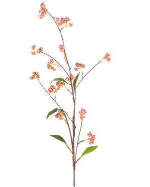 De konstgjorda blombären 95 cm rosa har en lång, tunn stjälk med ett antal små klasar av rosa bär och några gröna blad, avbildade mot en vanlig vit bakgrund.
