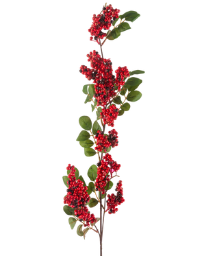 De konstgjorda blombären 104 cm röda har en enda gren med klasar av små, klarröda bär och gröna blad mot en vit bakgrund.
