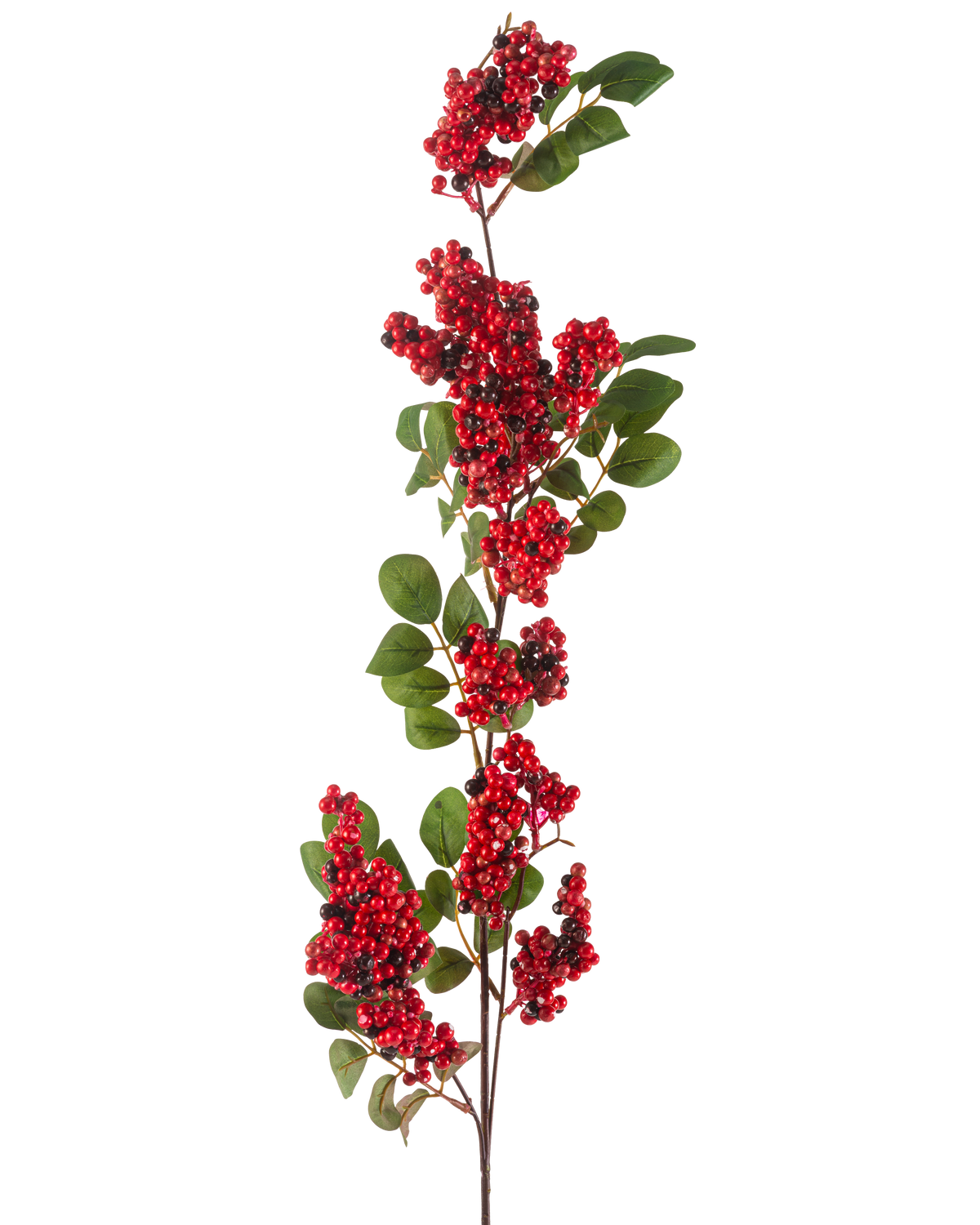 De konstgjorda blombären 104 cm röda har en enda gren med klasar av små, klarröda bär och gröna blad mot en vit bakgrund.