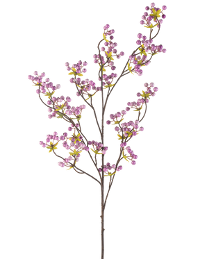 De konstgjorda blombären 107 cm lila har en enda smal gren med flera tunna stjälkar, var och en dekorerad med klasar av små, runda ljuslila bär och några gröna blad, mot en vanlig vit bakgrund.