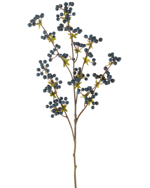 De konstgjorda blombären 104 cm mörkblå är en enda tunn gren med gröna blad och klasar av små, runda, mörkblå bär, som visas på en vanlig vit bakgrund.