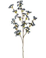 De konstgjorda blombären 104 cm mörkblå är en enda tunn gren med gröna blad och klasar av små, runda, mörkblå bär, som visas på en vanlig vit bakgrund.