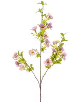 Den konstgjorda blomman Quisqualis 110 cm lila har en lång, smal stjälk med flera gröna blad och klasar av känsliga ljuslila blommor med ett gult hjärta mot en vit bakgrund.