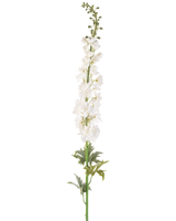Den konstgjorda blomman Larkspur 137 cm vit är en hög konstgjord sporre stam med flera små vita blommor längs sin längd och gröna blad vid basen, mot en vanlig vit bakgrund.