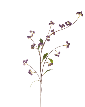 De konstgjorda blombären 95 cm lila har en enda brun stjälk med flera grenar, dekorerad med klasar av lila bär och några gröna blad, perfekt isolerade på en vit bakgrund.