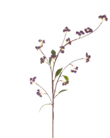 De konstgjorda blombären 95 cm lila har en enda brun stjälk med flera grenar, dekorerad med klasar av lila bär och några gröna blad, perfekt isolerade på en vit bakgrund.