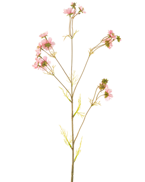 En konstgjord blomma Cosmos 95 cm rosa har en enda hög stjälk med flera tunna grenar, var och en dekorerad med klasar av fina rosa blommor och ljusgröna blad, mot en vanlig vit bakgrund.